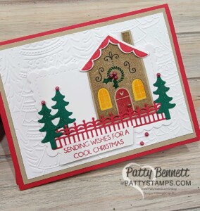 Stampin' UP! Sweet Gingerbread house Christmas Card with Whimsical Woodland embossing folder background by Patty Bennett