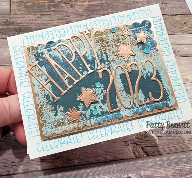 Stampin' Up! Happy New Years card idea 2023 featuring Alphabet A La Mode and Dry Brushed metallic paper, by Patty Bennett