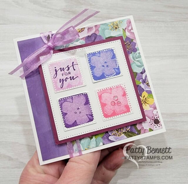 Ghost Stamping technique using Stampin UP! Summer Shadows flower dies, Watercolor Shapes set and ink pads. by Patty Bennett