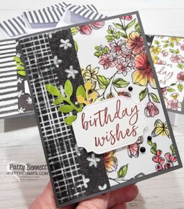 Perfectly Penciled black and white designer paper from Stampin' UP! colored with Sponge Daubers. Birthday card idea by Patty Bennett