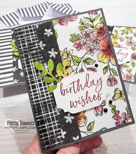 Perfectly Penciled black and white designer paper from Stampin' UP! colored with Sponge Daubers. Birthday card idea by Patty Bennett