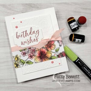 Perfectly Penned Stampin' UP! designer paper birthday card idea, colored with Sponge Dauber by Patty Bennett