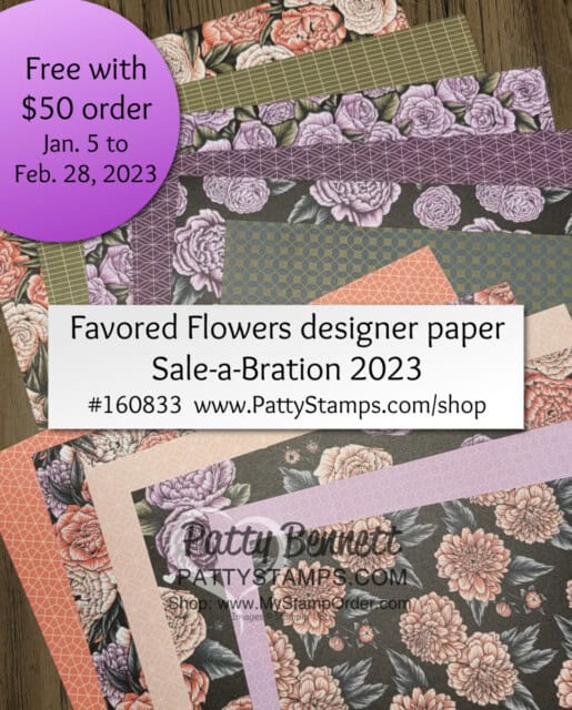 Stampin UP! Sale-a-Bration Favored Flowers designer paper, free gift with $50 online order during SAB 2023 while supplies last