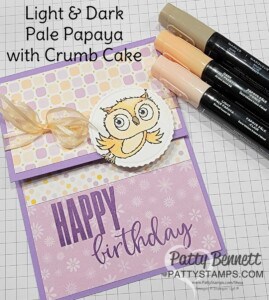 Stampin' blends colors for: Adorable Owl card handmade with Stampin' Up! Sale-a-Bration set 2023 and Dandy Designs paper pack by Patty Bennett