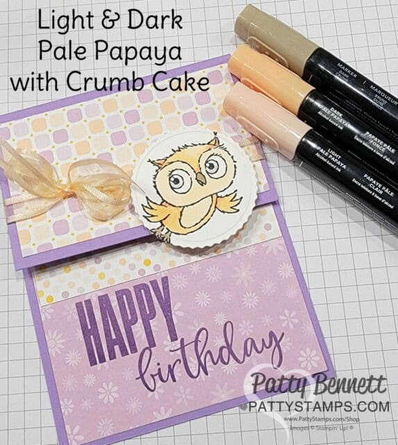 Stampin' blends colors for: Adorable Owl card handmade with Stampin' Up! Sale-a-Bration set 2023 and Dandy Designs paper pack by Patty Bennett