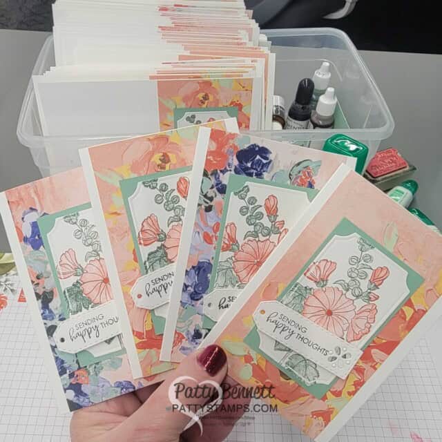 Stampin' Up! Note Card idea featuring Sale-a-Bration Beautifully Happy free stamp set and the Fancy Flora paper, by Patty Bennett
