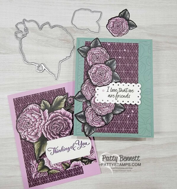 Fragrant Flowers die cuts coordinate with the Favored Flowers Sale-a-Bration paper from Stampin' Up! Handmade cards by Patty Bennett
