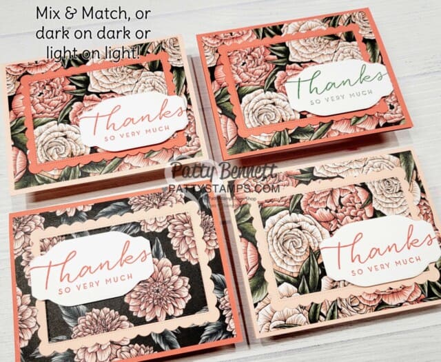 Mix and Match or use the same color of cardstock on these Easy Layered cards featuring Stampin' Up! Sale-a-Bration Favored Flowers DSP and Scalloped Contour dies, by Patty Bennett
