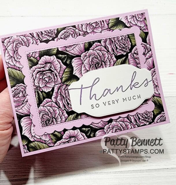 Easy Layered cards featuring Stampin' Up! Sale-a-Bration Favored Flowers DSP and Scalloped Contour dies, by Patty Bennett