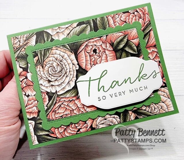 Easy Layered cards featuring Stampin' Up! Sale-a-Bration Favored Flowers DSP and Scalloped Contour dies, by Patty Bennett