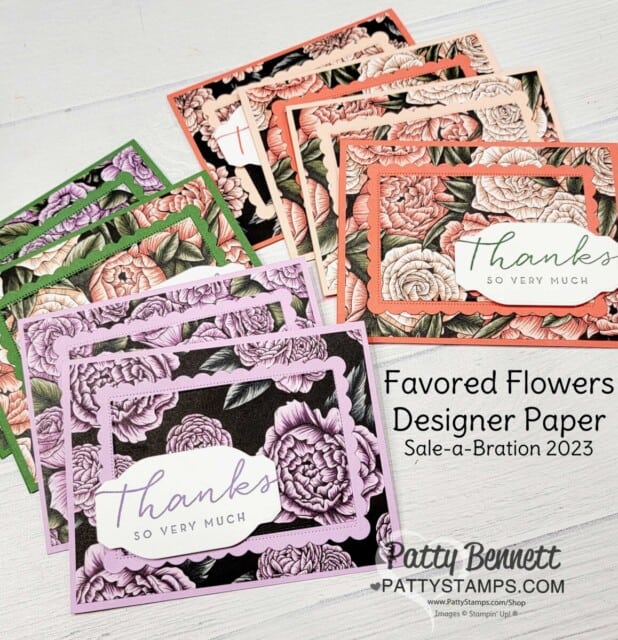 Super Easy layered designer paper cards featuring Stampin' Up! Favored Flowers Sale-a-Bration paper by Patty Bennett