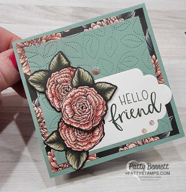 Stampin' UP! square card idea featuring Sale-a-Bration Favored Flowers paper and Stitched Greenery die, by Patty Bennett