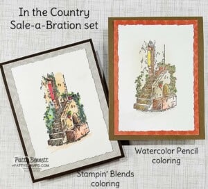 Stampin UP! Sale-a-Bration In The Country stamp set colored with Stampin' Blends markers and Watercolor Pencils, by Patty Bennett
