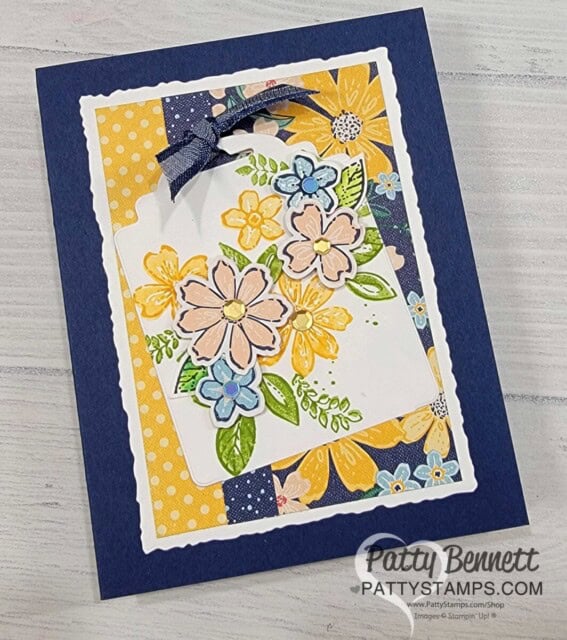Use Stampin UP! Regency Park designer paper with the Petal Park flower punch bundle. Card idea by Patty Bennett