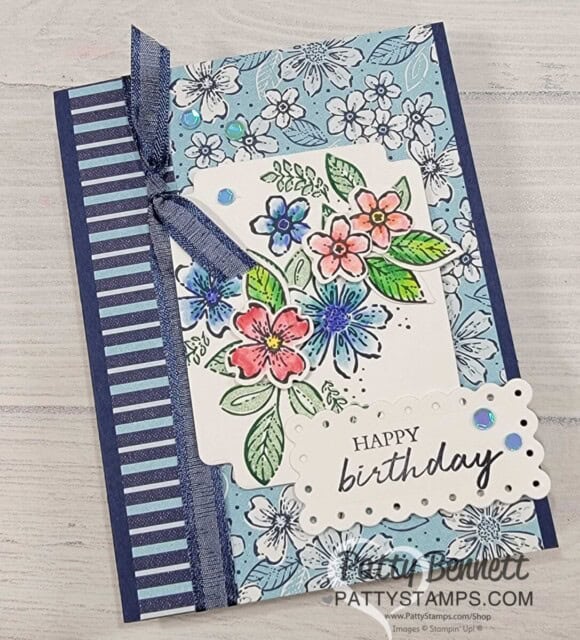 Use Stampin UP! Regency Park designer paper with the Petal Park flower punch bundle. Birthday Card idea by Patty Bennett