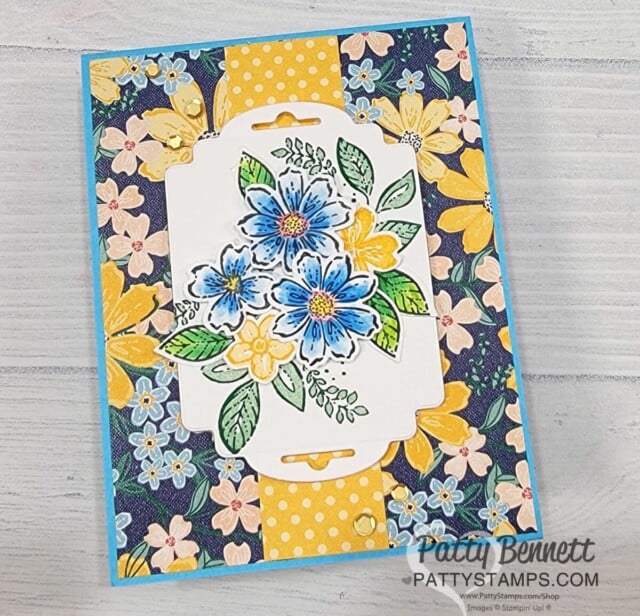 Use Stampin UP! Regency Park designer paper with the Petal Park flower punch bundle. Card idea by Patty Bennett