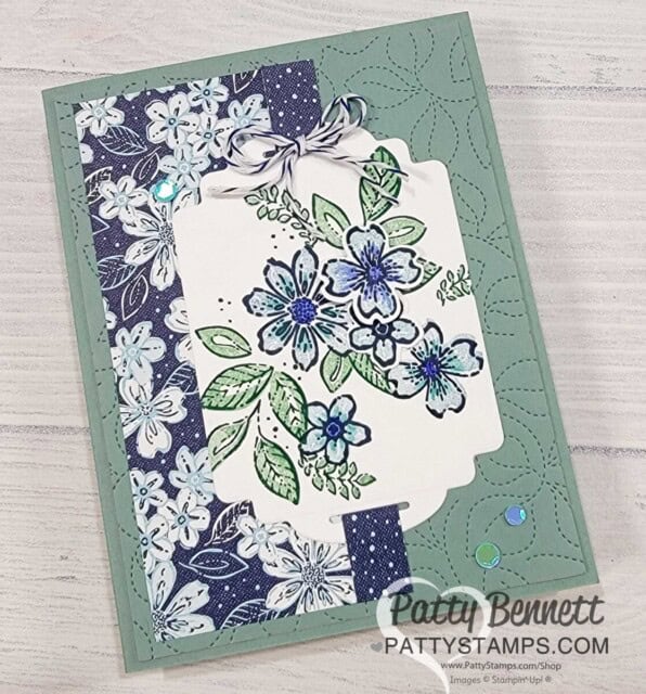 Use Stampin UP! Regency Park designer paper with the Petal Park flower punch bundle. Card idea by Patty Bennett