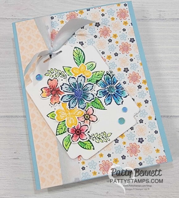 Use Stampin UP! Regency Park designer paper with the Petal Park flower punch bundle. Card idea by Patty Bennett