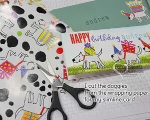 Slimline birthday card idea featuring wrapping paper! "Carrot" image from Thanks a Bunch creates cute stamped grass!
