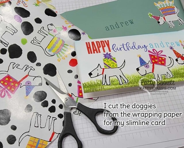 Slimline birthday card idea featuring wrapping paper! "Carrot" image from Thanks a Bunch creates cute stamped grass!