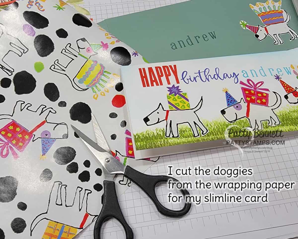 Slimline birthday card idea featuring wrapping paper! "Carrot" image from Thanks a Bunch creates cute stamped grass!