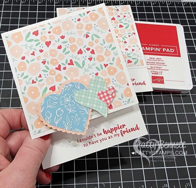 Customer Thank You Cards featuring Stampin UP! Country Floral Lane designer paper and Heart Punch pack, by Patty Bennett