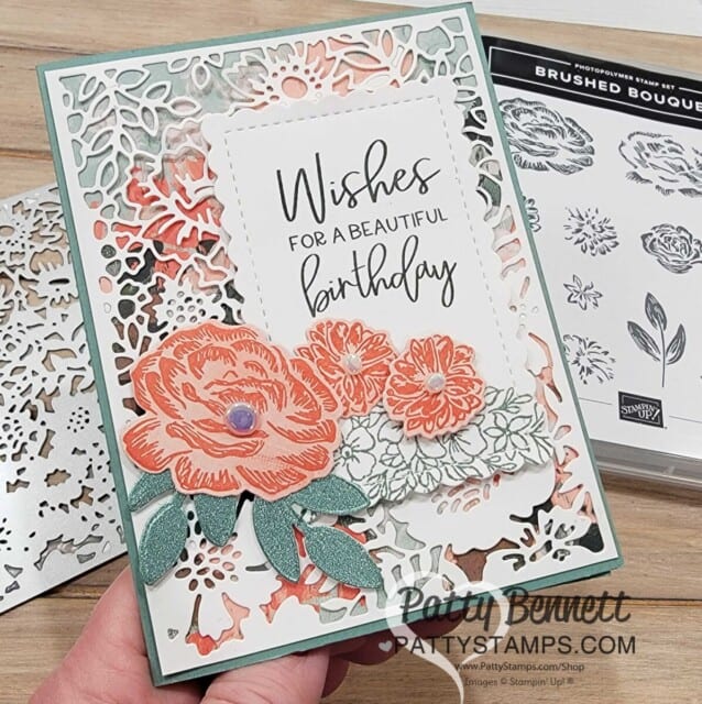 Fancy Flora designer paper birthday card idea by Patty Bennett featuring Stampin 'UP! Two-Toned Flora dies and Brushed Bouquet stamp set.