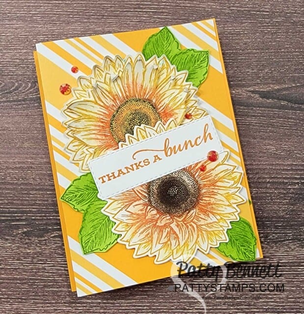 Stampin UP! Celebrate Sunflowers stamp set fancy fold card with Dandy Designs Sale-a-Bration paper, by Patty Bennett
