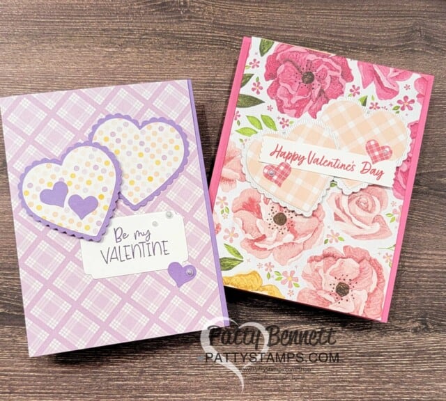 Fancy Fold Stampin' UP! Valentine card idea featuring Hues of Happiness paper and Dandy Designs Sale-a-Bration paper and Heart Punch Pack, by Patty Bennett