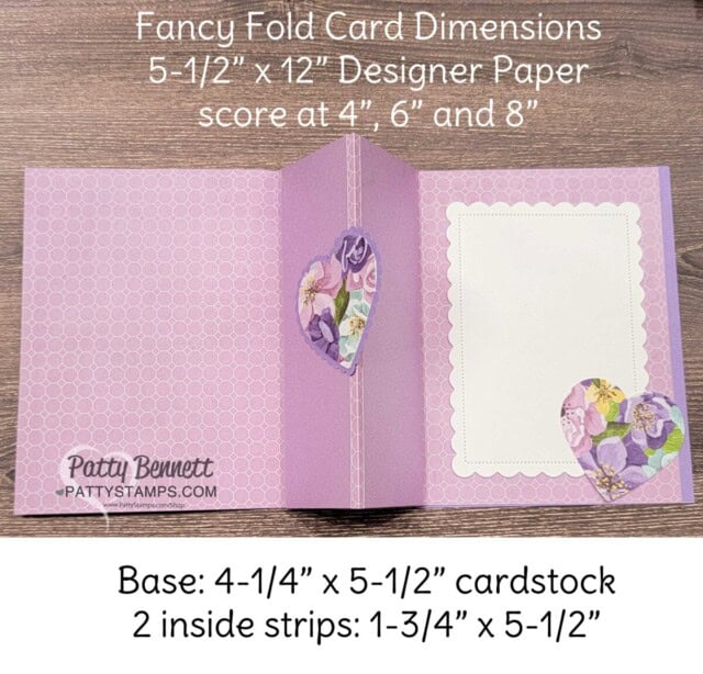 Cutting & Scoring dimensions for: Fancy Fold Stampin' UP! Valentine card idea featuring Favored Flowers Sale-a-Bration paper, and Heart Punch Pack, by Patty Bennett (inside)