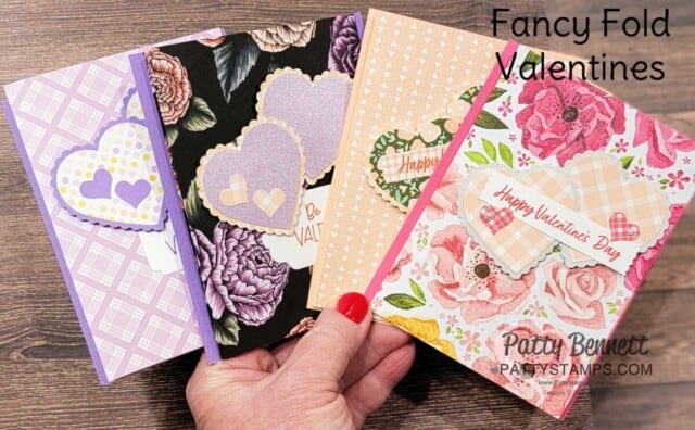 Fancy Fold Stampin' UP! Valentine card ideas featuring designer paper and Heart Punch Pack, by Patty Bennett
