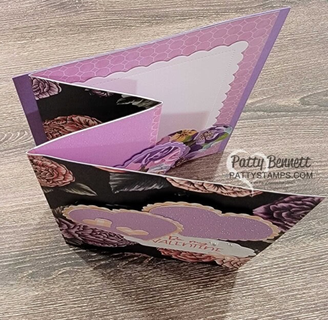 Top View: Fancy Fold Stampin' UP! Valentine card idea featuring Favored Flowers Sale-a-Bration paper, and Heart Punch Pack, by Patty Bennett