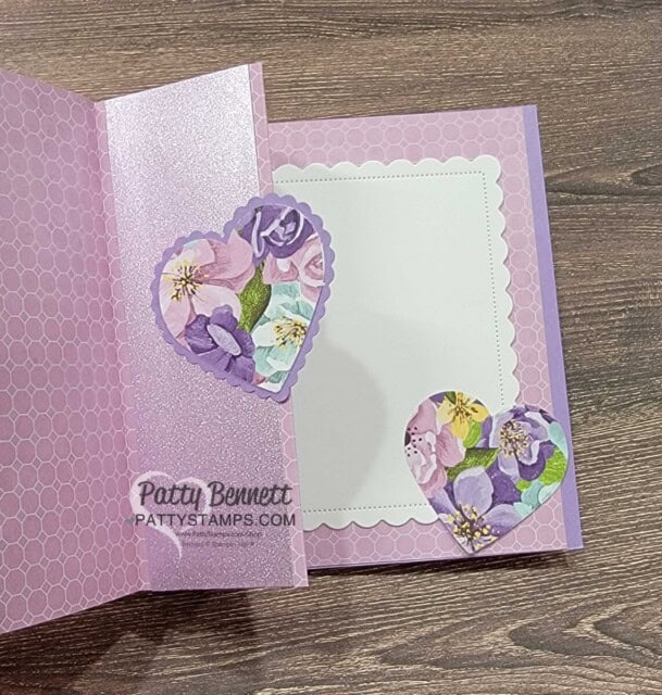 Fancy Fold Stampin' UP! Valentine card idea featuring Favored Flowers Sale-a-Bration paper, and Heart Punch Pack, by Patty Bennett (inside)