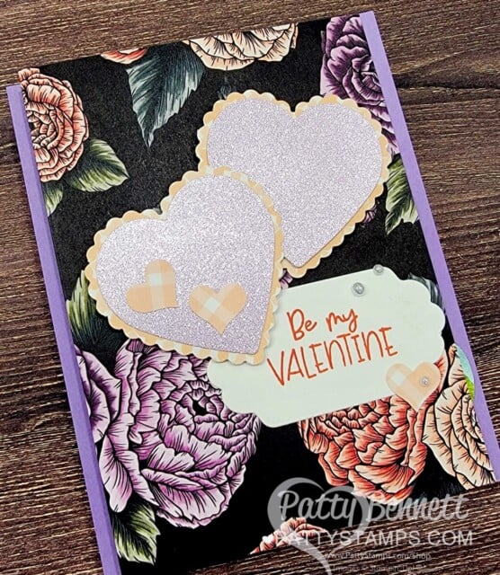 Fancy Fold Stampin' UP! Valentine card idea featuring Favored Flowers Sale-a-Bration paper, and Heart Punch Pack, by Patty Bennett