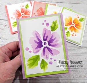 Loveliest Layers masks from Stampin' UP! are easy to use with Blending Brushes and ink pads. Make handmade cards quickly! By Patty Bennett Fresh Freesia and Gorgeous Grape color combo.