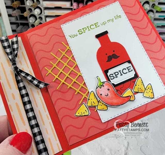 Taco Fiesta stamp set from Stampin' Up! Hot Sauce bottle with Vintage Bottle Punch. Card inspired by Melanie!