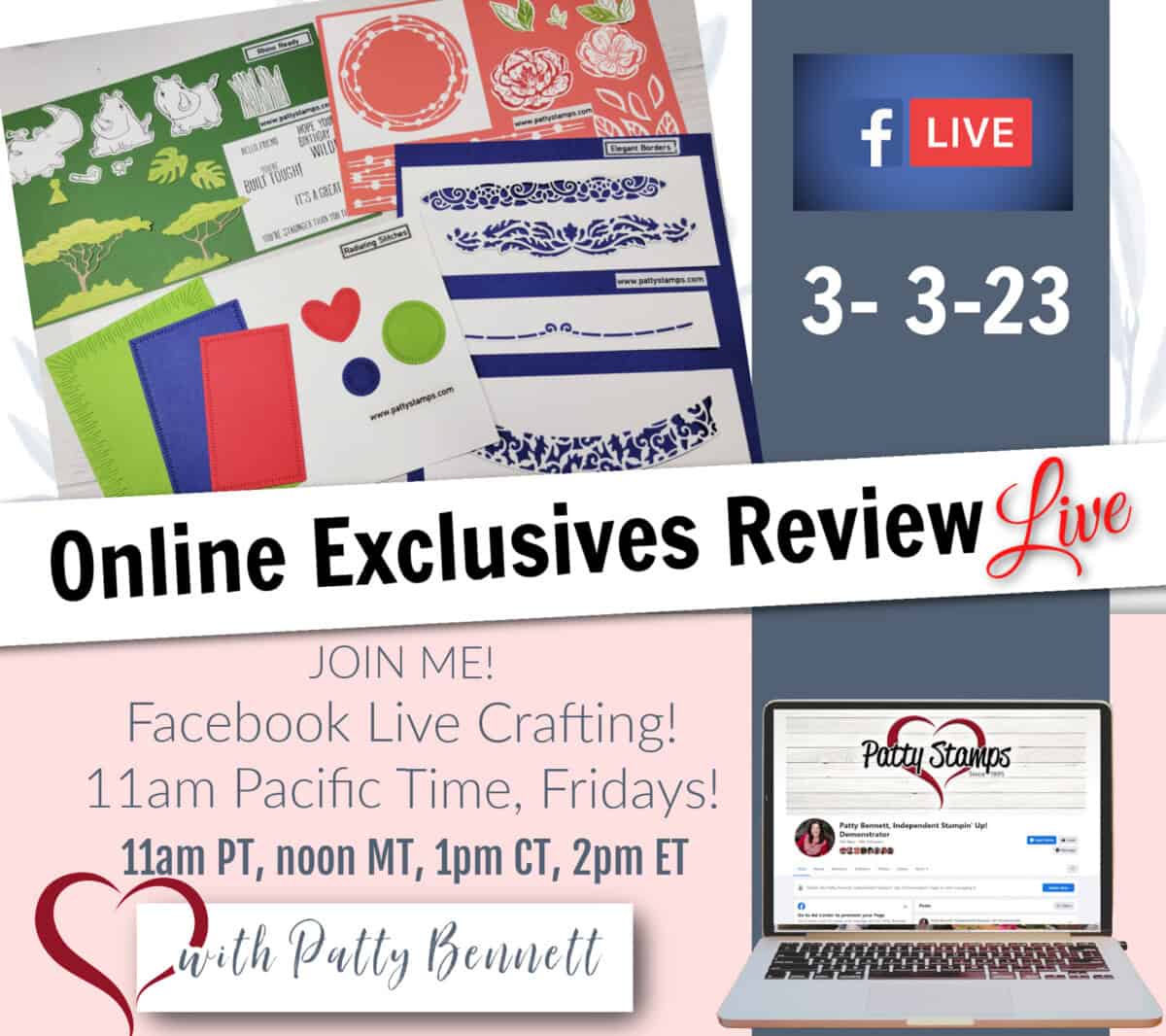 Weekly Facebook Live with Patty Bennett - Online Exclusives product review including Tropical Leaf bundle, Elegant Borders, Rhino Ready and Radiating Stitches