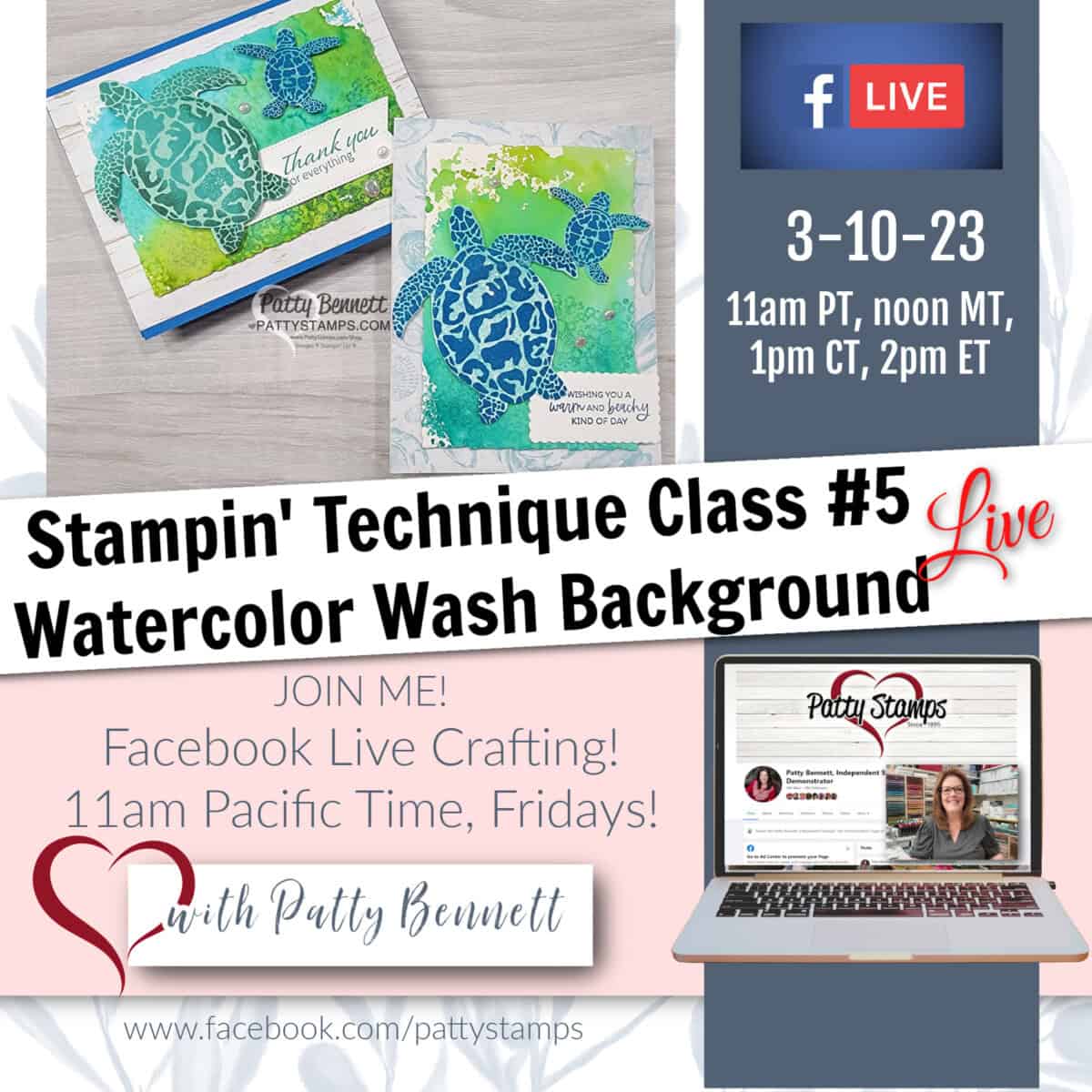 Facebook Live video: Easy Watercolor Wash Technique Class Stampin UP! pattystamps Sea Turtles