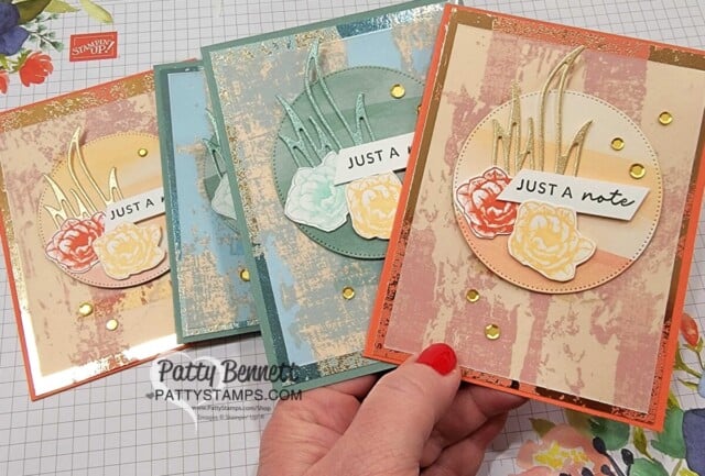 Card ideas featuring Stampin Up! Delicate Desert suite of papercrafting products. Dry Brushed metallic paper! and Gold Sequins