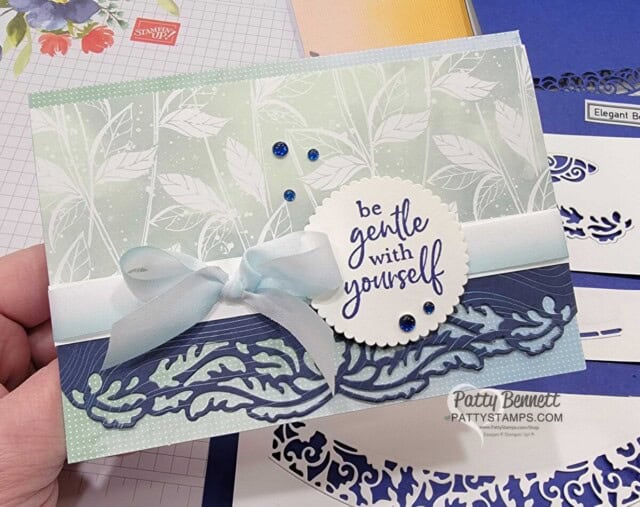 Elegant borders dies card idea featuring the Enjoy the Journey card base and Hello, Irresistible paper! www.Pattystamps.com