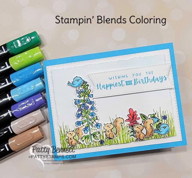 Stampin' Up! Greatest Journey bundle paired with the squirrel and bird in the Friendly Gnomes set. Stampin Blends coloring by Patty Bennett