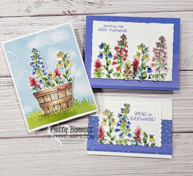 Stampin' Blends coloring with the Greatest Journey bundle and Cheerful Basket bundle. Floral Cards by Patty Bennett