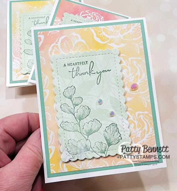 Pretty Customer Thank You card featuring Stampin' Up! Hello, Irresistible designer paper and the Nature's Prints stamp set, by Patty Bennett