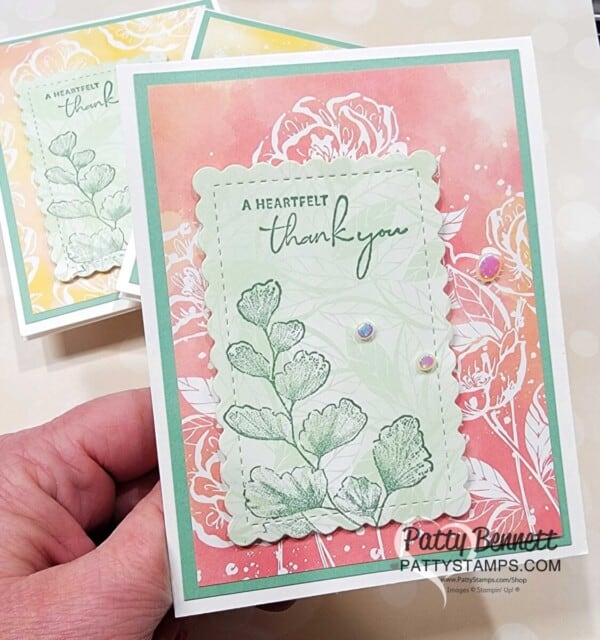 Pretty Customer Thank You card featuring Stampin' Up! Hello, Irresistible designer paper and the Nature's Prints stamp set, by Patty Bennett
