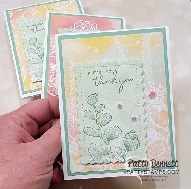 Pretty Customer Thank You card featuring Stampin' Up! Hello, Irresistible designer paper and the Nature's Prints stamp set, by Patty Bennett