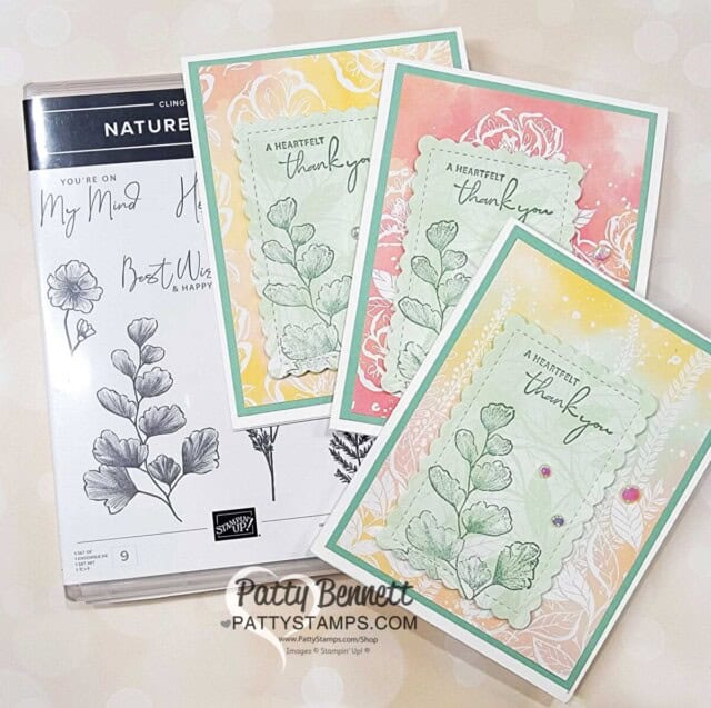 Pretty Customer Thank You cards featuring Stampin' Up! Hello, Irresistible designer paper and the Nature's Prints stamp set, by Patty Bennett