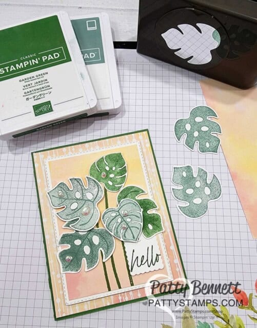 Stampin Up! online exclusives Tropical Leaf bundle card idea by Patty Bennett with Hello Irresistible designer paper 