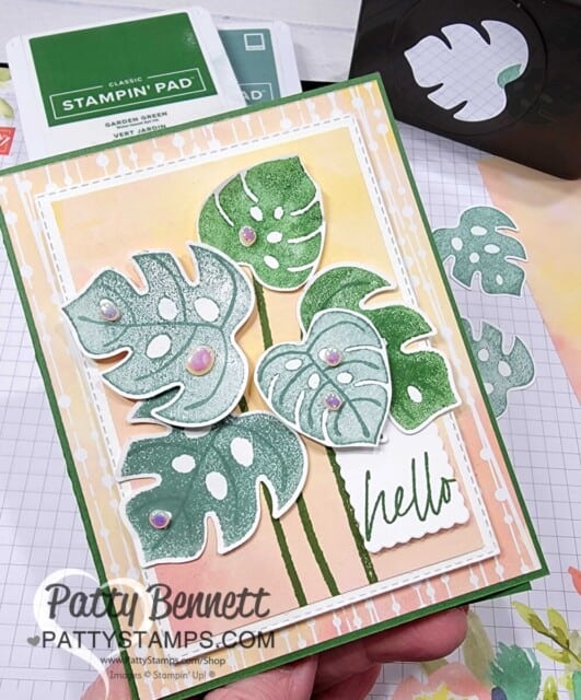 Stampin Up! online exclusives Tropical Leaf bundle card idea by Patty Bennett with Hello Irresistible designer paper