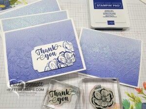 Irresistible Blooms stamp set thank you cards with Stampin' Up! Painted Posies embossing folder and In Color Glimmer paper in Orchid Oasis by Patty Bennett