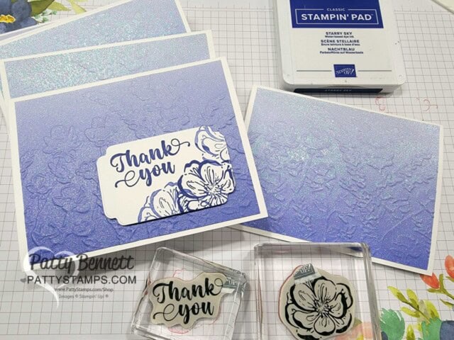 Irresistible Blooms stamp set thank you cards with Stampin' Up! Painted Posies embossing folder and In Color Glimmer paper in Orchid Oasis by Patty Bennett